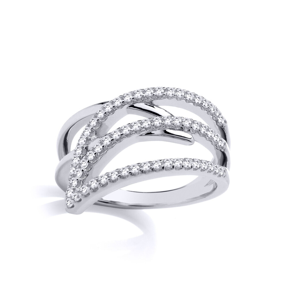 Jewelco London (L) Ladies Rhodium Plated Sterling Silver Cz Split Crossover Fin Leaf Wrap Ring - Gvr916