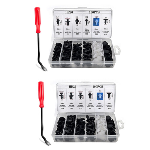 200Pc Plastic Rivets Fastener  Bumper Push Clips W / Removal Tool for