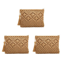 3X Women's Hand-Woven Cotton Bag Straw Woven Bag Coin Purse Mobile Phone Bag Clutch Bag Tassel Bag Khaki