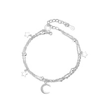 (Flower Fringe Star and Moon Bracelet (White Gold Color)) Silver Beaded Charm Bracelet, Star Dolphin Square Hollow Ball Thin Chain