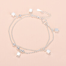 (Square double-layer bracelet (silver)) Silver Beaded Charm Bracelet, Star Dolphin Square Hollow Ball Thin Chain