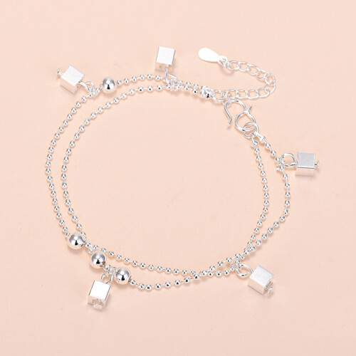 (Square double-layer bracelet (silver)) Silver Beaded Charm Bracelet, Star Dolphin Square Hollow Ball Thin Chain