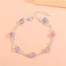 (Three-color gradient cat's eye stone bracelet (silver)) Silver Beaded Charm Bracelet, Star Dolphin Square Hollow Ball Thin Chain