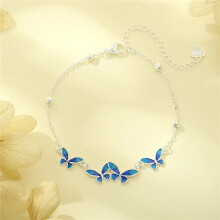 (Blue Butterfly Dancing Bracelet (Silver)) Silver Beaded Charm Bracelet, Star Dolphin Square Hollow Ball Thin Chain