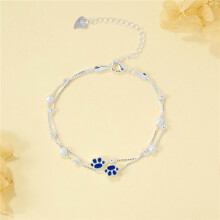 (Double-layer double-sided cat paw bracelet (glued blue)) Silver Beaded Charm Bracelet, Star Dolphin Square Hollow Ball Thin Chain