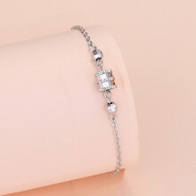 (Small Waist Bracelet [Plated with White Gold]) Silver Beaded Charm Bracelet, Star Dolphin Square Hollow Ball Thin Chain