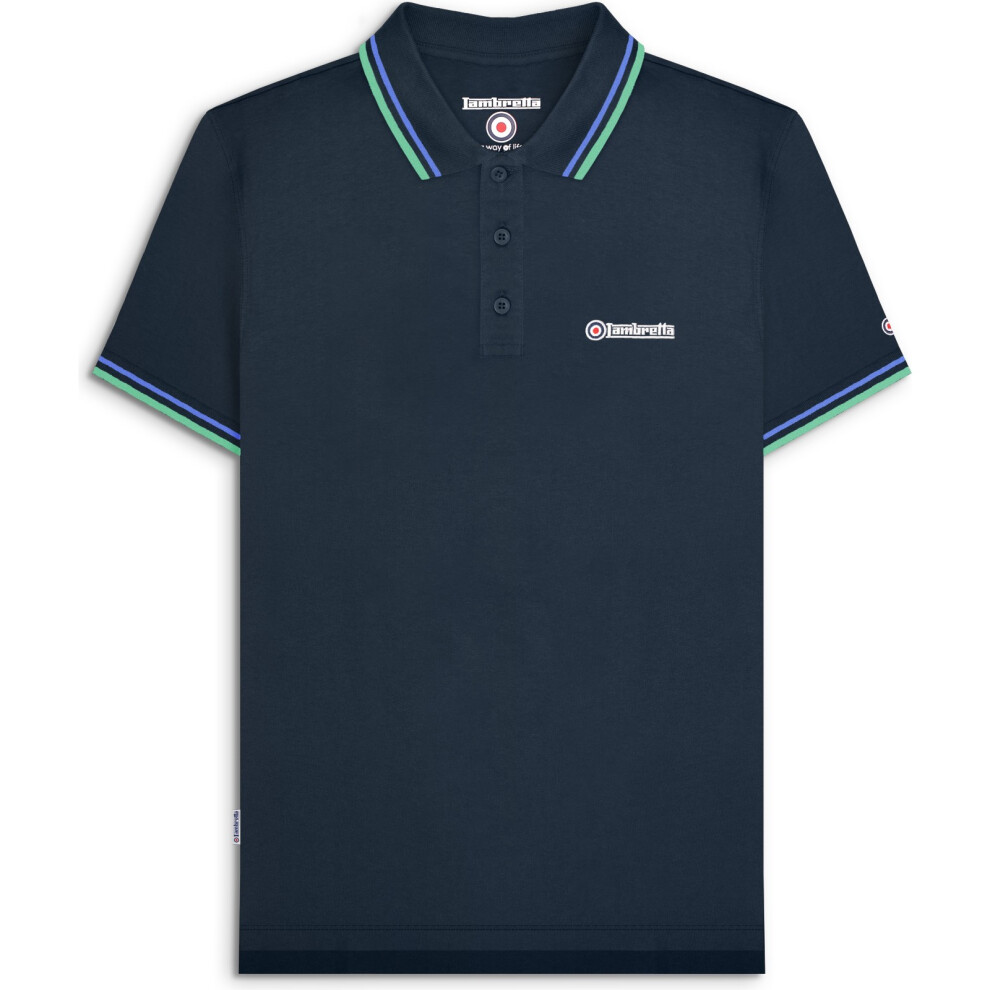 Lambretta (M, Navy Blue/Cameo) Mens Twin Tipped Short Sleeve 3 Button Placket Cotton Polo Shirt Top