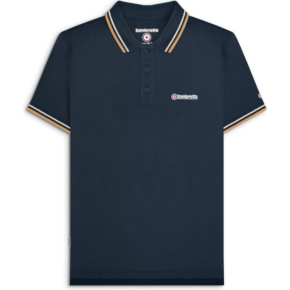 Lambretta (2Xl, Navy (Ash/Tobacco)) Mens Twin Tipped Short Sleeve 3 Button Placket Cotton Polo Shirt Top