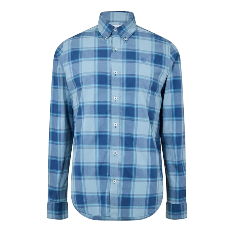 Timberland (S, Dark Denim) Mens Checked Poplin Long-Sleeved Button-Down Shirt