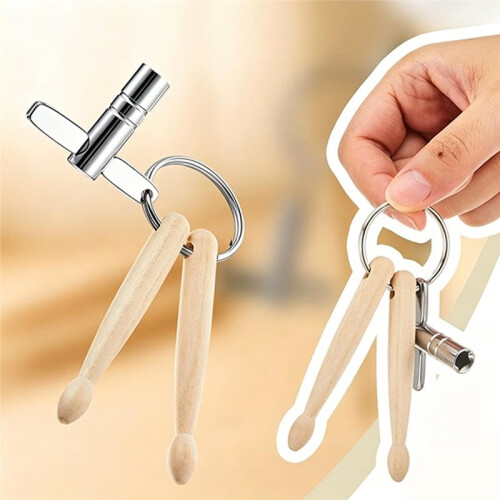 2pcs  Drumsticks Drum Keys Keychains Wooden Dual Drumstick with Drum Tuning Key Percussion Tools for Drummers 1