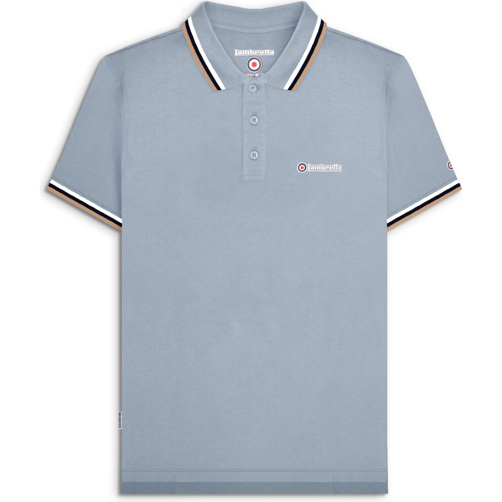 Lambretta (S, Dusky Blue/White/Navy/Cream) Mens Target Triple Tipped Retro Polo Shirt