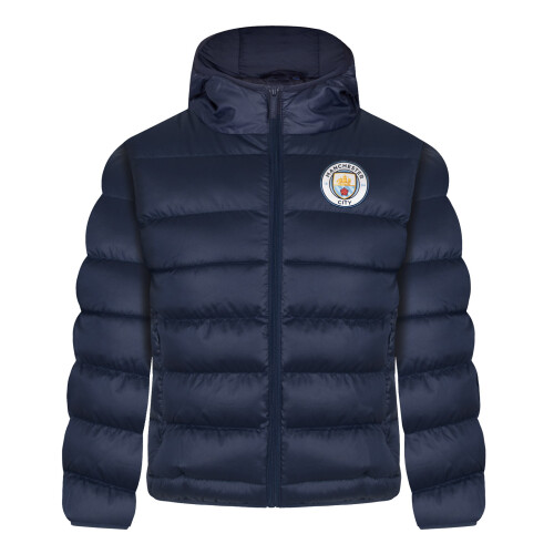 Manchester City Boys Quilted Jacket Hooded Coat Official Navy 12-13 Years