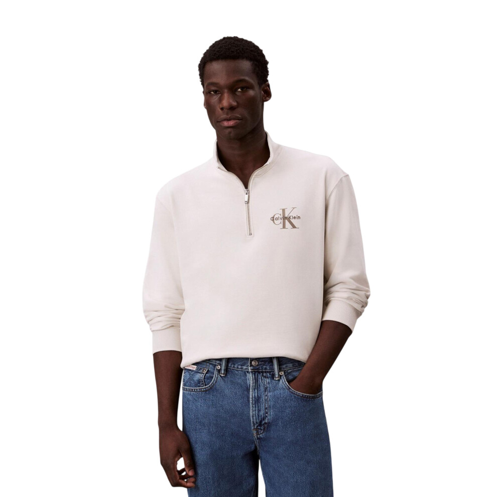 Calvin Klein (L, Chalk) Mens Monogram Quarter Zip Sweatshirt