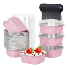 50 Pack Square Cake Pans with Lids, Aluminum Foil Baking Cups Disposable Ramekins Cupcake Cups for Dessert Parties