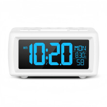 (WHITE) Radio Digital Alarm Clock with 7 Light Color Changing Date Week Snooze Table Clock 5 Levels Brightness 12/24H DST LED Clock