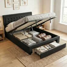 HOMCOM PU Leather King Bed Frame with Storage and Adjustable Headboard Black