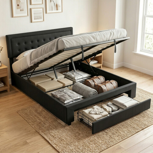 Homcom HOMCOM PU Leather King Bed Frame with Storage and Adjustable Headboard Black