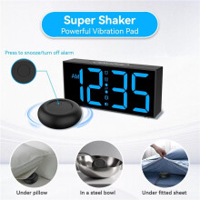 (Black blue light) Vibrating alarm clock large display LED clock loud alarm clock with bed shaker for heavy sleepers hearing