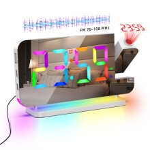 (WHITE) FM Radio 180 Projection Alarm Clock RGB With RGB Night Light 6 Levels Brightness Dual USB Output Port 12H/24H Digital LED Clock