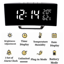 (white) Mirror Digital Alarm Clock Temperature Date 2 Levels of Brightness Adjustment Snooze Table Clock 12/24H Night Mode LED Clock