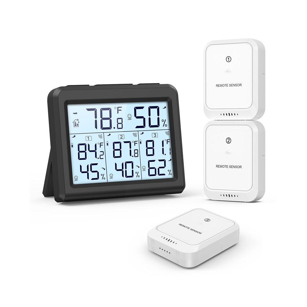 Stoyotu (Black) Indoor Thermometer Digital Hygrometer Wireless Temperature And Humidity Gauge Monitor With 3 Sensor For Home Office Bedroom