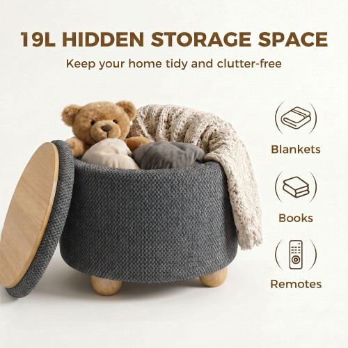 Homcom HOMCOM Round Storage Ottoman with Reversible Lid, Dark Grey 2