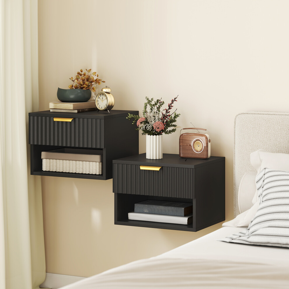 Homcom Floating Nightstands Set Of 2, Wall Mounted Bedside Tables, Black
