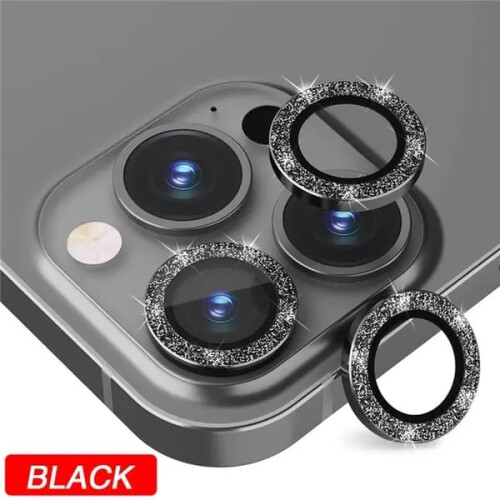 Kit com 3 Protetores de Lente de Câmera com Glitter Compatíveis com iPhone 15, 14, 13, 12, 11 Pro Max e Plus, Vidro Temperado com Flash Preto
