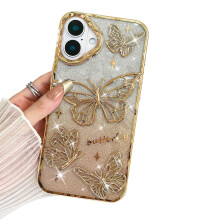 Trblietavý kryt s 3D motýľom pre iPhone 16, 6,1 palca, ružový