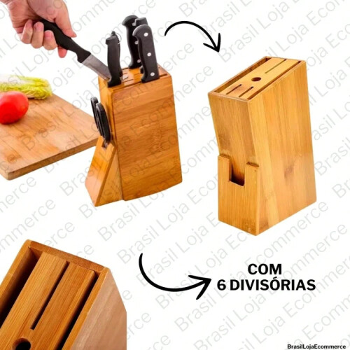 Bloco de facas multifuncional de bambu, suporte vertical para facas de cozinha, natural. 2
