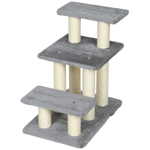 Escada cinza de três degraus para gatos com postes para arranhar. 1