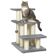 Escada cinza de três degraus para gatos com postes para arranhar.