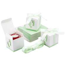 Boîte cadeau en papier avec ruban, pliable, motif empreinte de pied, décoration de mariage, carrée, vert pâle, 6,1 x 6,1 x 6,1 cm