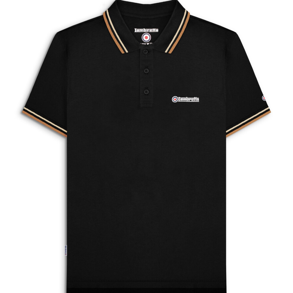 Lambretta (3Xl, Black (Wood Ash/Tobacco)) Mens Twin Tipped Short Sleeve 3 Button Placket Cotton Polo Shirt Top