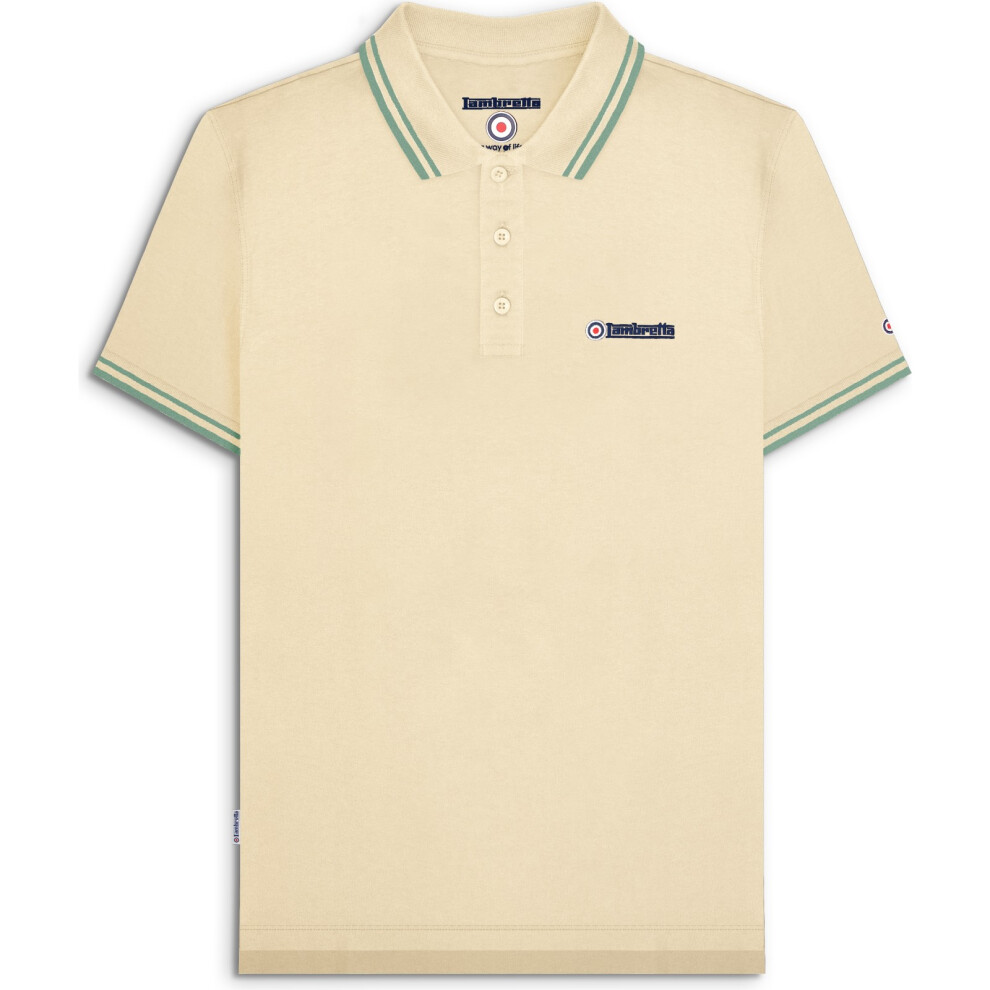 Lambretta (L, Tofu/Iceberg Green) Mens Twin Tipped Short Sleeve 3 Button Placket Cotton Polo Shirt Top
