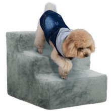 Escada para animais de estimação cinza com três degraus e capa lavável.