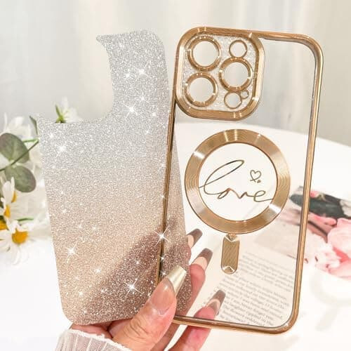 Capa compatível com iPhone 16 Pro Max, capa transparente com proteção para câmera e detalhes em formato de corações, compatível com MagSafe, 2