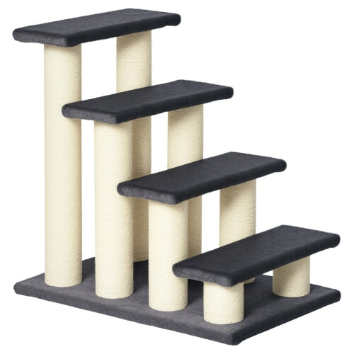 Escada para gatos com quatro degraus cinza para arranhar.