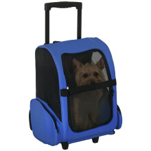 Mochila para transporte de animais de estimação 2 em 1 azul e carrinho de viagem