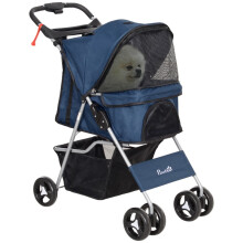 Carrinho de passeio dobrável azul escuro para animais de estimação com capota ajustável.
