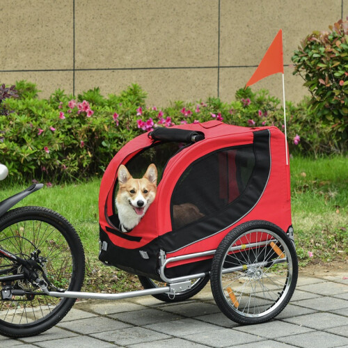 Reboque vermelho para bicicleta para cães com bandeira e refletores. 2