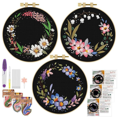 3 Pack Embroidery Kit, Floral -Stitch Set for Beginners Include Embroidery Cloth Hoops Threads