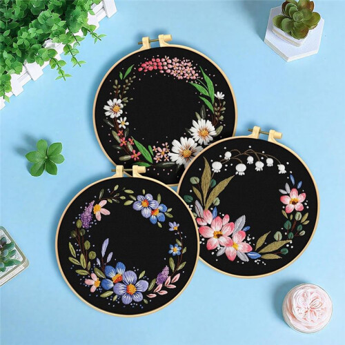 3 Pack Embroidery Kit, Floral -Stitch Set for Beginners Include Embroidery Cloth Hoops Threads 2