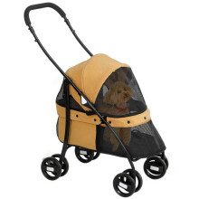 Carrinho de passeio dobrável marrom para animais de estimação com almofada lavável.