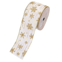 Ruban de satin à motifs flocons de neige avec bordure dorée pailletée, couleur ivoire, avec armature métallique, idéal pour la décoration du