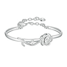 Silver Plated Rose Flower Adjustable Bangle Bracelet