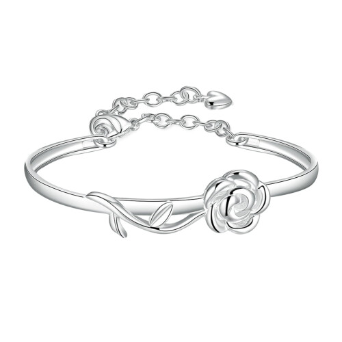 Silver Plated Rose Flower Adjustable Bangle Bracelet