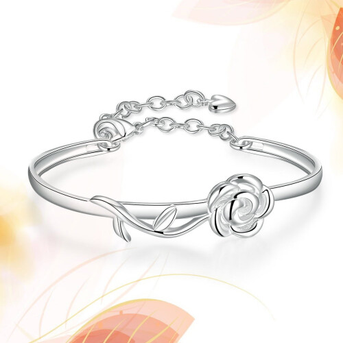 Silver Plated Rose Flower Adjustable Bangle Bracelet 1
