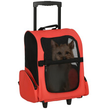 Mochila vermelha 2 em 1 para transporte de animais de estimação e carrinho de viagem