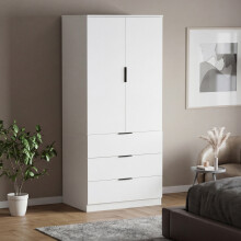 (White) Modern 2 Door 3 Drawer Wardrobe, Trega – Bedroom Storage Closet with Hanging Rail & Drawers